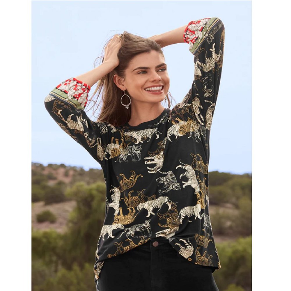 Johnny Was Teeger Knit Puff Sleeve Long Top Tee Shirt Zebra Animal Black NEW